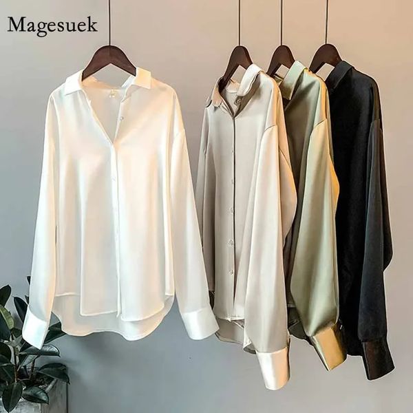 Silk Korean Office Dames Elegant Shirt Blouse Women Fashion Bouton Fashion Up Satin Shirts Vintage White Long à manches longues Top 11355 240125