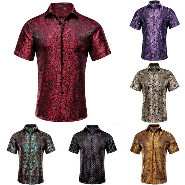 Chemises en soie pour hommes manches courtes rouge bleu vert sarcelle Jacquard Floral Paisley printemps été chemise chemisier pour homme d'affaires mariage 240304