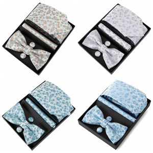 Silk Mens Tie Bowtie Set voor mannen Solid Blue Floral Bowtie Pocket Squre Cufflinks Set Fashion Wedding NecTie in Gift Box 240522