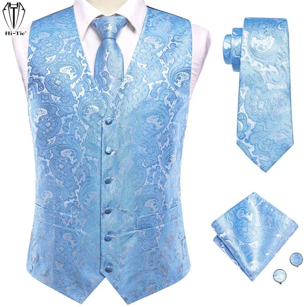 Silk Mens Wedding Vest Tie Set Sans manchette Western Westcoat Veste Colde de manchette Hanky Blue Coral Bourgogne Silt Silver 240507