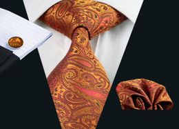 Conjunto de corbata de cachemira naranja de seda, gemelos cuadrados de bolsillo, tejido Jacquard, corbata Formal de negocios, reunión de trabajo, ocio N09763064644