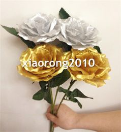 Silk Roses 38cm1496 inches Artificial Single Rose Gold Silver Colors for Wedding Xmas Party Home Decorative Flower3266161