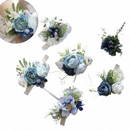 Silk Roses Bracelets de corsage de poignet Boutnieres Bridesmaid Groom Bleu Blue Hand FRS MARIAGE PROMPORES 45U4 #