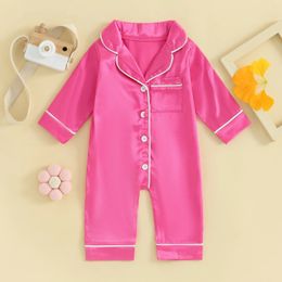 Silk Satin Baby Girls Boys Jumpsuit Pajamas Bouton de couleur unie Long Sleents Long Sleepers pour les enfants Lounge Loungewear 240418