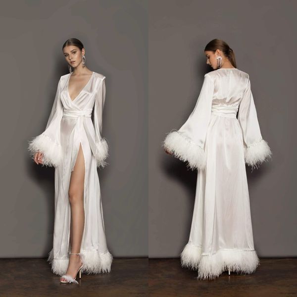 Robes de bal de mariée en Satin de soie, bord de plumes, ample, manches longues, col en V, Robes de séance photo, Sexy, fendue sur le côté, robe de soirée