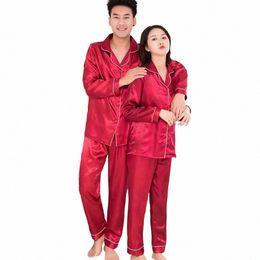Soie Satin Hommes Pyjamas Ensemble Fi Nuit Couple Couleur Unie Lg Manches Costume T0kJ #