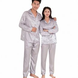 Soie Satin Hommes Pyjamas Ensemble Fi Vêtements De Nuit Couple Couleur Unie Lg Manches Costume Printemps Automne Soyeux Chemise De Nuit Robe Vêtements 96bt #