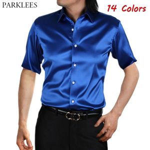 Zijde Satijn Mannen Shirt Glad Comfortabele Shirts voor Mannen Casual Slim Fit Button Up Mens Korte Mouw Jurk Shirt 14 Kleuren 210524