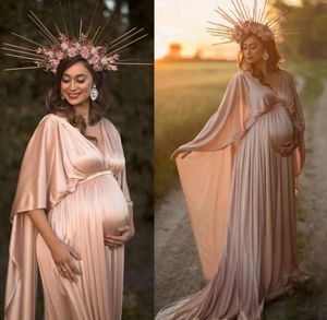 Zijde Satijn Galajurk 2024 voor Vrouwen Elegante Zwangerschap Moederschap Fotoshoot Jurk met Cape Hoge Kwaliteit Baby Douche Jurken Robes De Soiree Op maat gemaakt