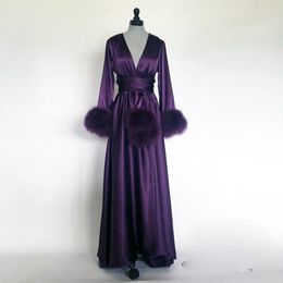 Robes de bal en Satin de soie avec ceinture, manches longues, pour femmes enceintes, en fourrure, à la mode, robes de maternité pour séance Photo