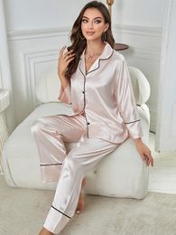 Silk Satin Womens Pyjamas Set Tops Pantalons baissez les vêtements de sommeil à col