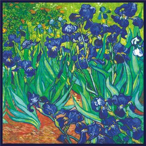 Zijden Sjaal Vrouwen Van Gogh Iris Bloem Schilderij Afdrukken Vierkante Sjaals Hoofd Echarpes Zijde Foulards Femme Wraps Strand Sjaals Bandana Dame Hijaabs 90CM X 90CM