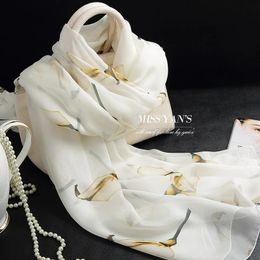 Silk Scarf Dames Wit Lange lang geprinte Calla Lily Spring Herfst Winter Zomer Nekkingsjaals Wraps Hangzhou Bandana Gift voor 240410