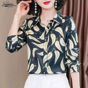 Camisa de seda Otoño Moda Camisas de manga larga Mujeres Tallas grandes S-4XL Hojas Imprimir Blusas Ropa Blusas Mujer De Moda 10724 210521