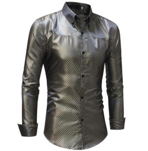 Zijden Shirt Mannen 2018 Satijn Gladde Mannen grid Shirt Business Chemise Homme Casual Slim Fit Glanzend Gouden Trouwjurk Shirts3111873