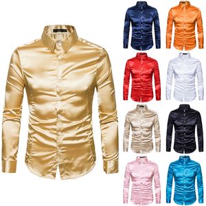 Zijde Shirt Mannen 2018 Satijn Smooth Mannen Solid Tuxedo Shirt Zakelijke Chemise Homme Casual Slim Fit Shiny Gouden Trouwjurk Shirts