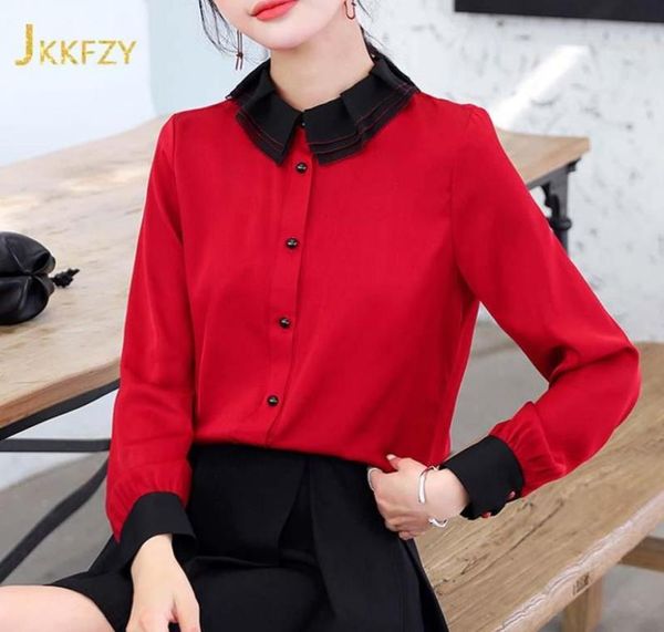 Camisa de seda para mujer primavera 2021 blusa roja de manga larga verano elegante moda cuello de hoja de loto Donna Camicia Femme Chemise Women4710477