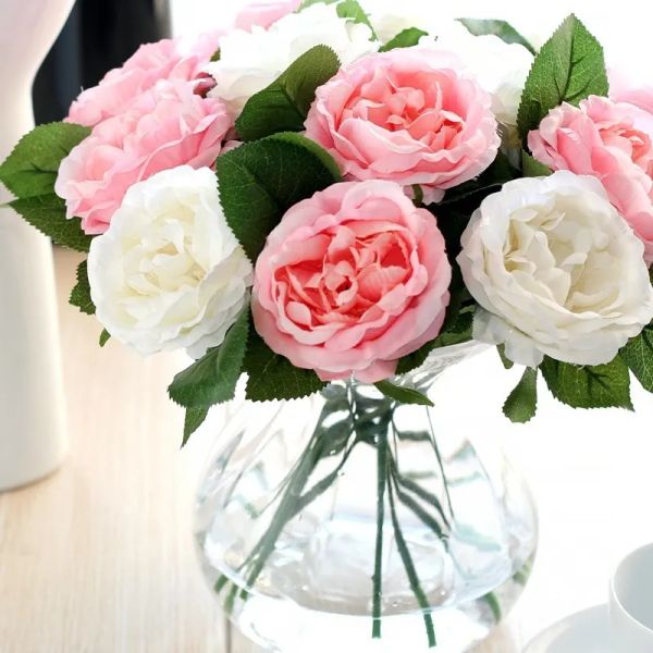 Soie Simulation Rose Fleur Artificielle Soie Tissu Roses Pivoines Fleurs Bouquet Blanc Rose Orange Vert Rouge pour Mariage Maison Hôtel Décor 2024304