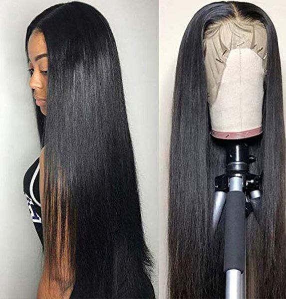 Peluca con parte superior de seda con malla frontal, cabello humano liso, peluca sin pegamento negra Natural, peluca larga sedosa de tamaño medio grande con pelo de bebé 5888668