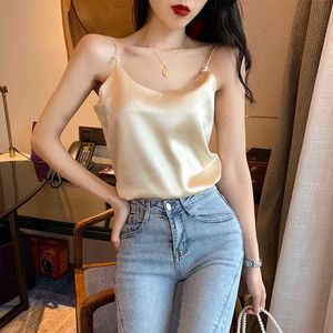 Top en soie femmes sans manches grande taille Camis s été perles licou s femme coréenne Satin sangle gilet t-shirts femme 210531