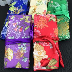 Bloem Chinese Zijde Brocade Cosmetische Sieraden Reizen Roll Up Tas 3 Rits Pouch Trekkoord Dames Make-up Opbergtas