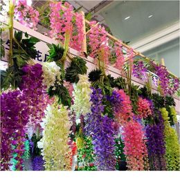 Soie Wisteria suspendus fleur fleurs artificielles vigne guirlande mariage arc décor fausses plantes feuillage rotin traînant faux jlleEQ