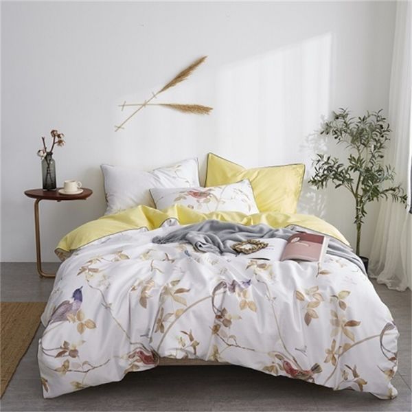 Juego de funda nórdica de algodón egipcio sedoso Shabby Floral Birds Print Juego de ropa de cama con cremallera Queen King Size Sábana de cama Fundas de almohada T200706