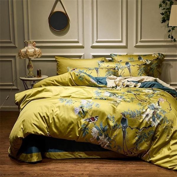 Coton égyptien soyeux style chinoiserie jaune oiseaux fleurs housse de couette drap-housse ensemble de draps King Size Queen ensemble de literie 202925