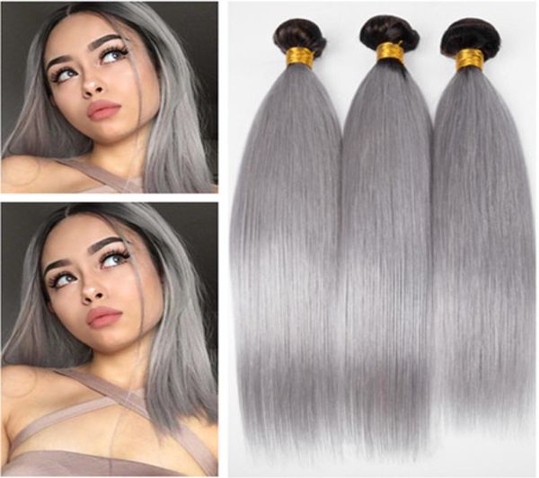 Silky Straight 1BGrey Ombre Péruvienne Vierge Cheveux Humains Bundle Offres 3Pcs Lot Noir et Argent Gris Ombre Cheveux Humains Weave Bundle9006629