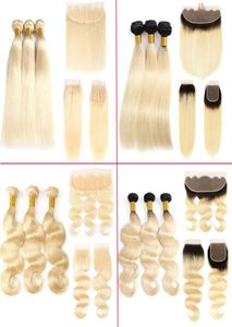 Zijdeachtige rechte blonde Maleisische haarweefselbundels met frontale sluiting pure kleur 613 blonde menselijke haaruitbreidingen en kant front1331187