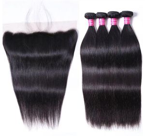 Tissages de cheveux humains brésiliens lisses et soyeux, 4 pièces, avec dentelle frontale 13x4, trames vierges péruviennes entières, 1030 pouces62964053696583