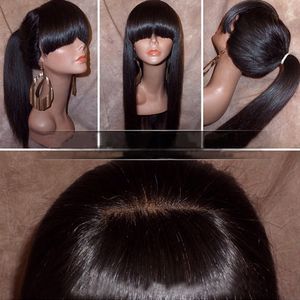 Perruque Lace Front Wig lisse et soyeuse, cheveux naturels brésiliens vierges, avec frange complète, queue de cheval, couleur naturelle, pour femmes
