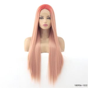 Silky Rechte Synthetische Kant Pruik 12 ~ 26 Inches Roze Ombre Kleur Simulatie Menselijk Haar Pruiken 180906-1532