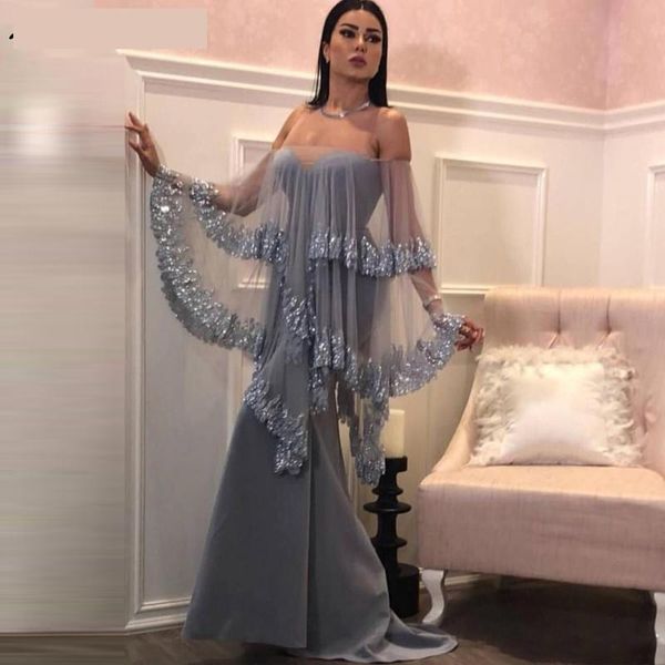 Silve Grey Vestidos de fiesta de noche 2019 Sirena Sin tirantes Wrap Islámico Dubai Kaftan Arabia Saudita Vestido de noche árabe Vestidos De Festa Longo