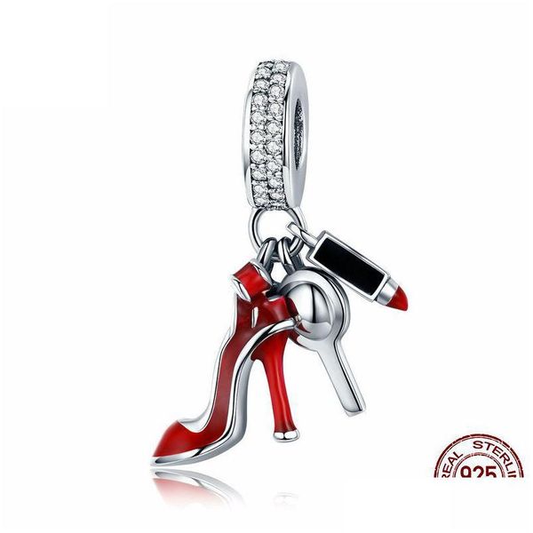 Argent 100% 925 Sterling Sier Femmes Rouge Talons Hauts Chaussures Miroir Maquillage Pendentif Charme CZ Spacer Perles Fit Bracelet DIY Bijoux Cadeau Dro Dhq8T