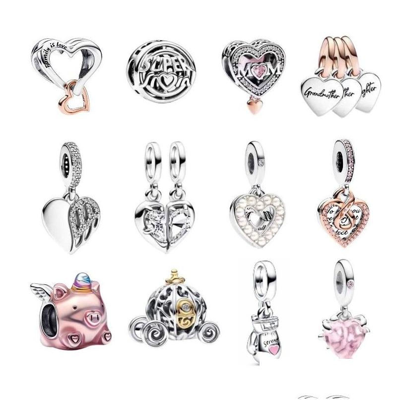 Silver 2023 Fête des mères Sier Charm Beads Two-Tone Openwork Infinity Mum Hero Heart Splitable Mother Daughter Angel Sangle Fit Pando Dhz7g