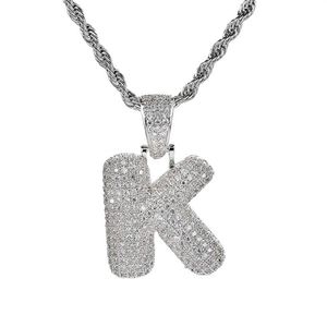 Argent 26 lettres pour choix bulle lettre pendentif collier avec micro pavé cubique zircone hip hop chaîne collier pour hommes unisexe J255g