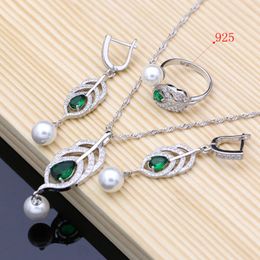 Argent 925 perles de mariée ensembles de bijoux Zircon vert naturel femmes boucles d'oreilles de mariage réglable anneau Bracelets collier ensemble