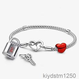 Bracelet à breloques en argent 925 pour femmes, bijoux de créateur, pendentif, perles, Moments, ensemble d'amour rouge cadenassé 37h4