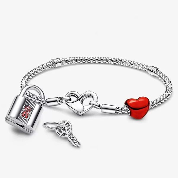 Bracelet à breloques en argent 925 pour femmes, bijoux de créateur, pendentif, perles Pandora Moments, ensemble de bracelets d'amour rouge cadenassés