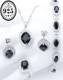 Silver 925 Costume Wedding Black Zircon Bijoux Ensembles pour femmes Bracelets Boucles d'oreilles Anneaux Pendant