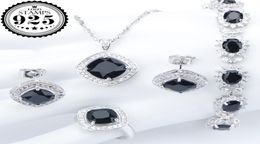 Costume de mariage en argent 925, ensembles de bijoux en Zircon noir pour femmes, Bracelets, boucles d'oreilles, bagues, pendentif, collier, ensemble de bijoux, boîte cadeau 9722447