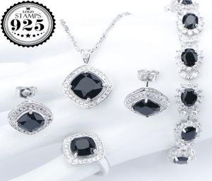 Zilver 925 kostuum bruiloft zwarte zirkoon sieraden sets voor dames armbanden oorbellen ringen hangdoek ketting set sieraden cadeaubon8374952