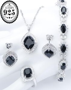 Zilver 925 kostuum bruiloft zwarte zirkoon sieraden sets voor dames armbanden oorbellen ringen hangdoek ketting set sieraden cadeaubon9478349