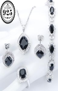 Argent 925 Costume de mariage noir Zircon ensembles de bijoux pour femmes Bracelets boucles d'oreilles anneaux pendentif collier ensemble bijoux cadeau Box4386986