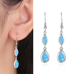Silver 925 Crystal Blue Opal Stone Geometry Water Drop Clip Boucles d'oreilles pour les femmes Bijoux Fine Mariage Gift Birthday