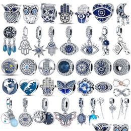 Argent 925 Sterling Sier Dangle Charm Couleur Mauvais Œil Hibou Ballon À Air Bleu Perle Pendentif Fit Pandora Charms Bracelet Diy Bijoux Drop De Dh2V4