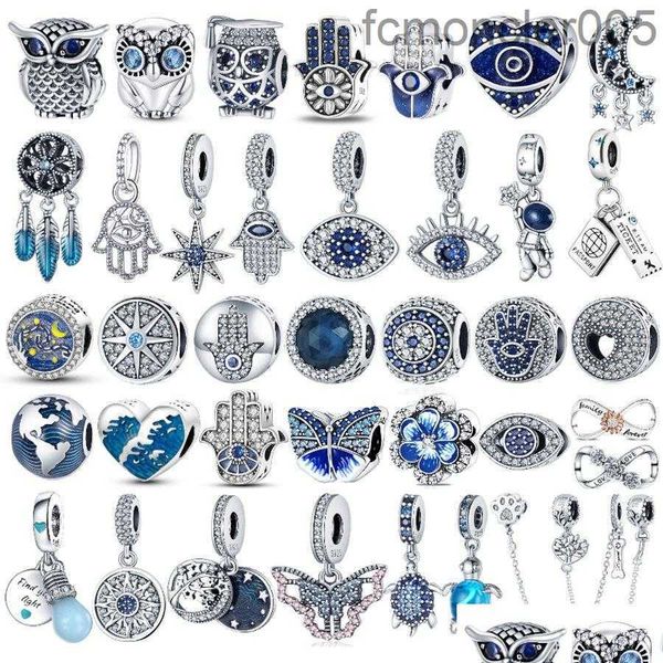 Silver 925 Sterling Sier Dangle Charm Color Evil Owl Bowl Air globo azul Colgante de colgante Fit Charms Pulsera de bricolaje Joyería Drop de L2C8