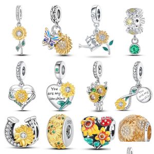 Zilver 925 Sterling Sier Fit Pandoras Charms Bracelet kralen Charm Fashion Golden Sunflowers Heart Drop levering sieraden DHQTP