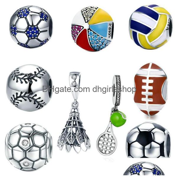 Plata 925 Sterling Sier Soccer Football Beads Blue Crystal Sport Voleibol Charms Para Pulseras Europeas Collar Diy Jewelry Acce Dhgec